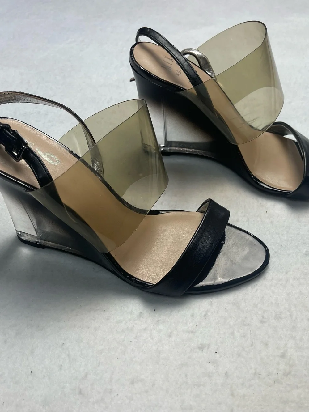 Mix No. 6 Black Patent and Smoky PVC Clear Wedge Sandals